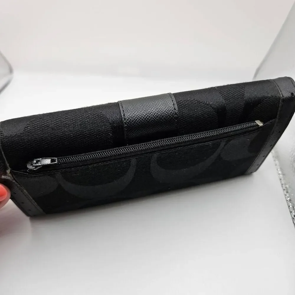 Coach Legacy Slim Trifold Wallet Signature Logo Black Canvas Leather Trim EUC